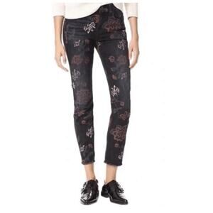 7 For All Mankind Black Floral Print Skinny Ankle Raw Hem Jeans Size 30 Stretch